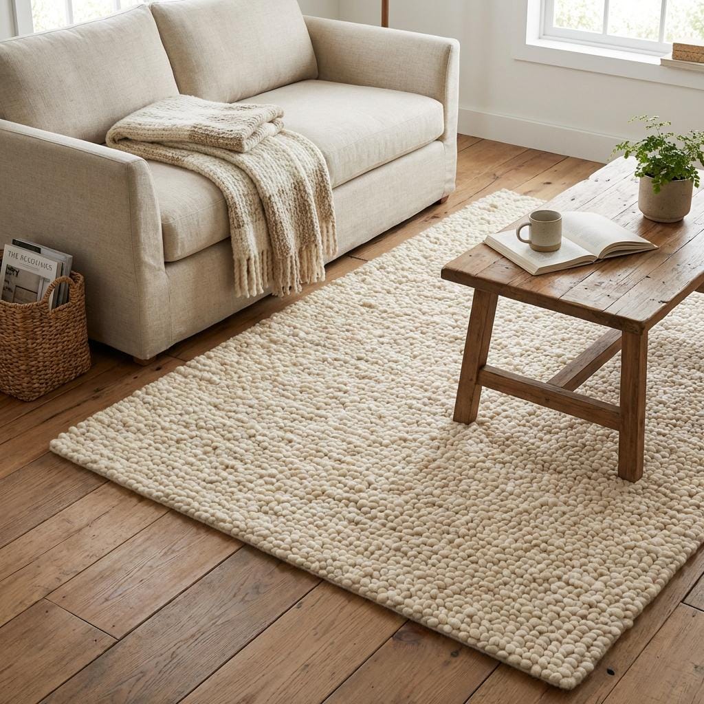 Chunky handwoven wool rug in neutral cream with thick texture for Scandinavian decor