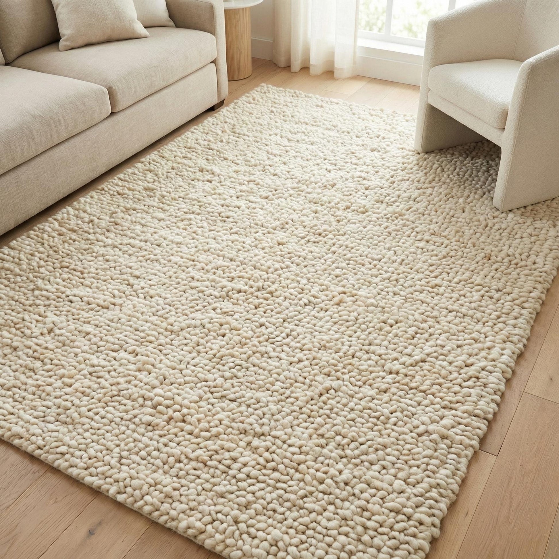 Chunky handwoven wool rug in neutral cream for Scandinavian minimalist decor