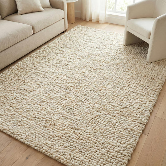 Chunky handwoven wool rug in neutral cream for Scandinavian minimalist decor