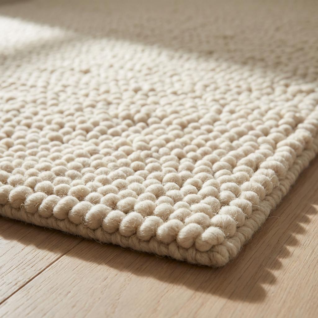 Chunky handwoven wool rug in neutral cream for Scandinavian and minimalist home decor