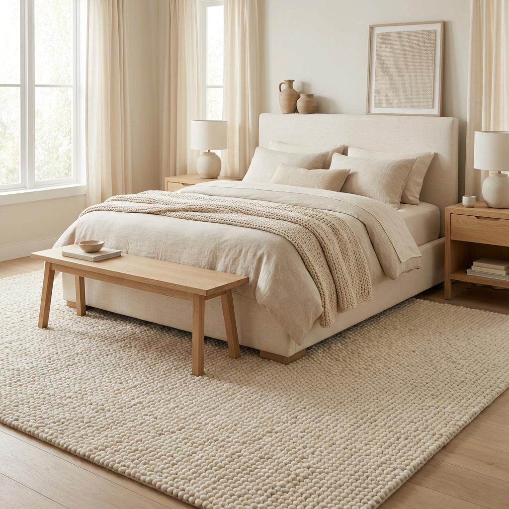 Chunky handwoven wool rug in neutral cream color for Scandinavian decor