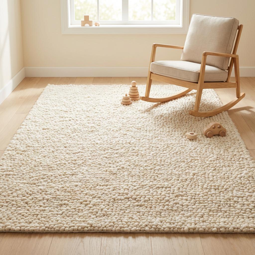 Chunky handwoven wool rug in neutral cream, perfect for Scandinavian and minimalist home decor