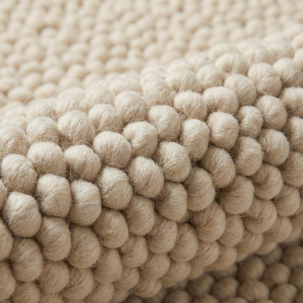 Chunky handwoven wool rug in neutral cream for Scandinavian décor with thick, cozy texture
