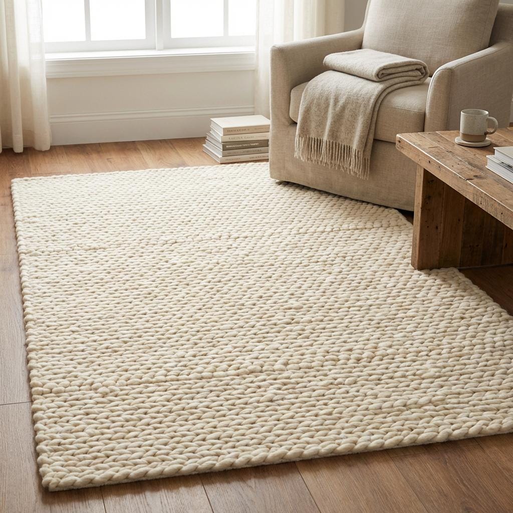 Chunky knit area rug with thick textured neutral fibers for cozy modern home decor