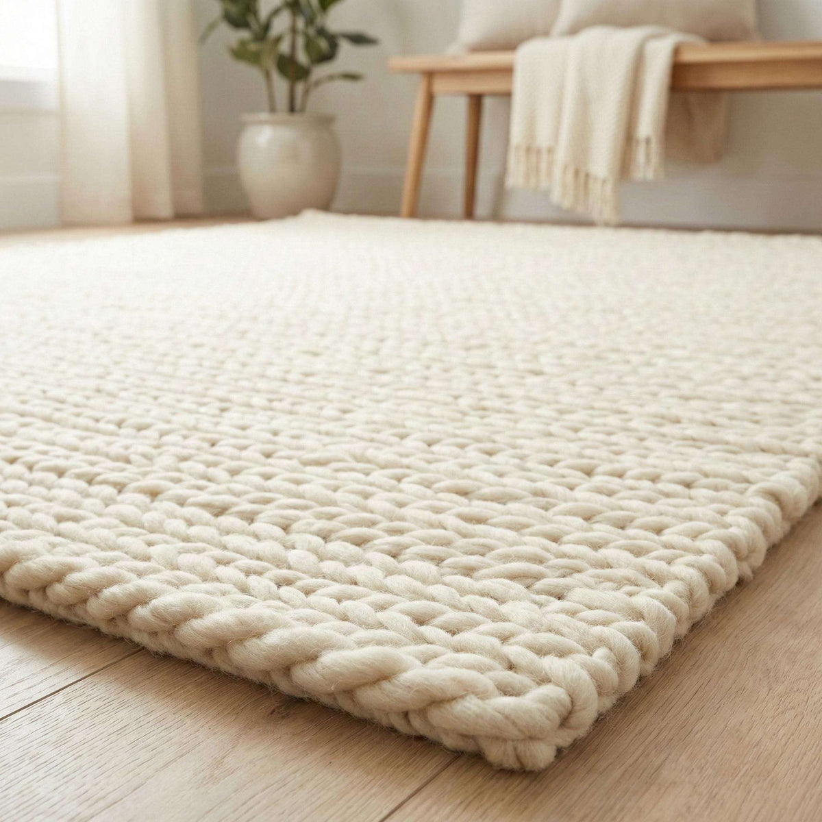 Chunky knit area rug with thick, textured neutral fibers for cozy modern home decor