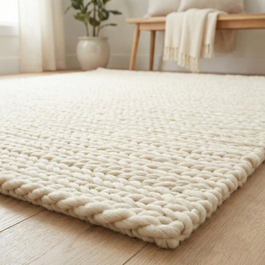 Chunky knit area rug with thick, textured neutral fibers for cozy modern home decor