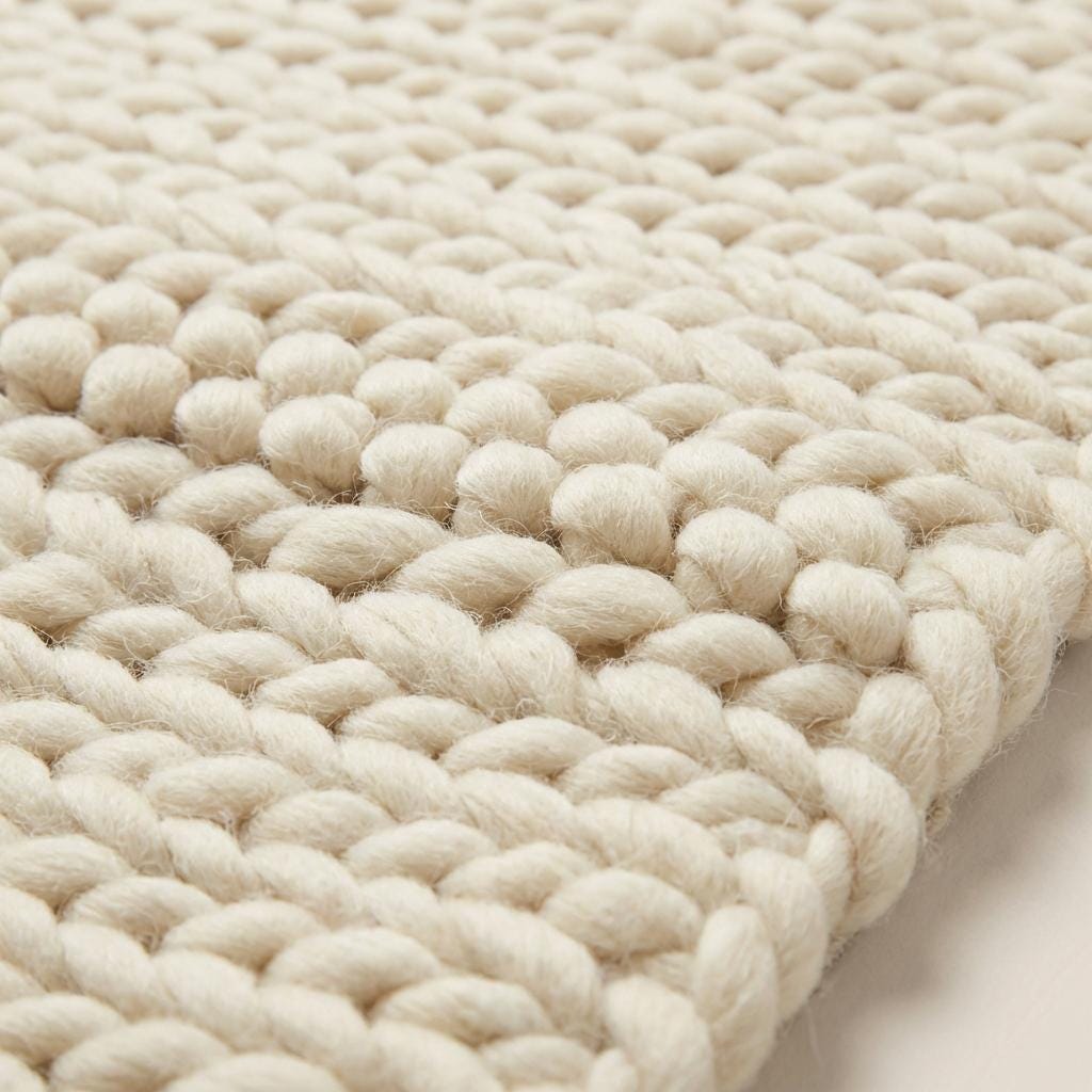 Chunky knit area rug with thick, textured neutral yarn, adding cozy warmth and modern organic style to floors