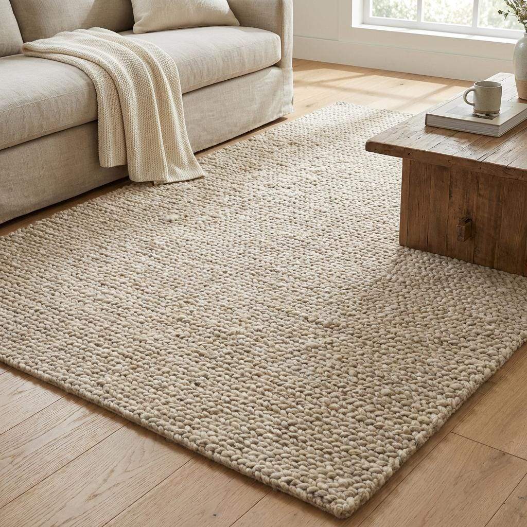 Chunky knit beige braided rug with thick textured wool-look and plush neutral area carpet for cozy living room