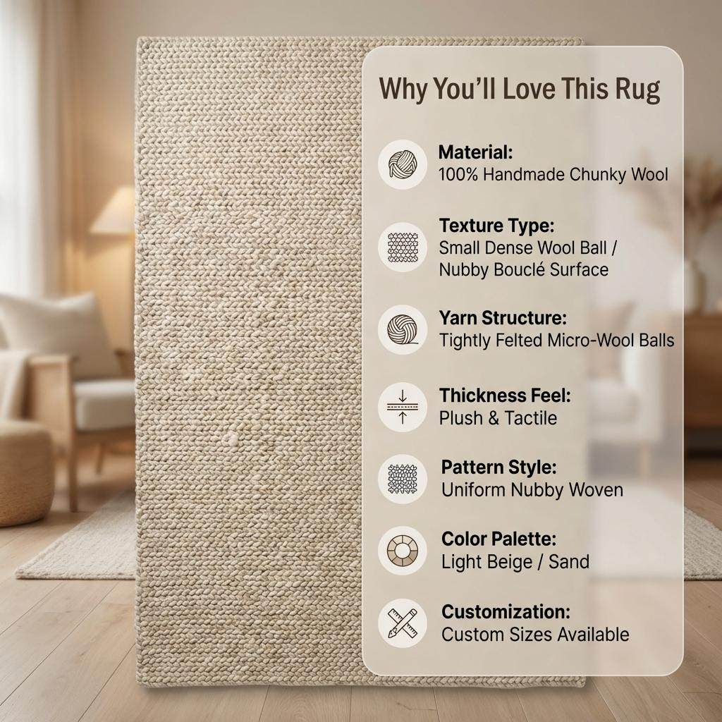 Chunky knit beige braided rug with thick textured wool-look and plush softness for cozy living room decor