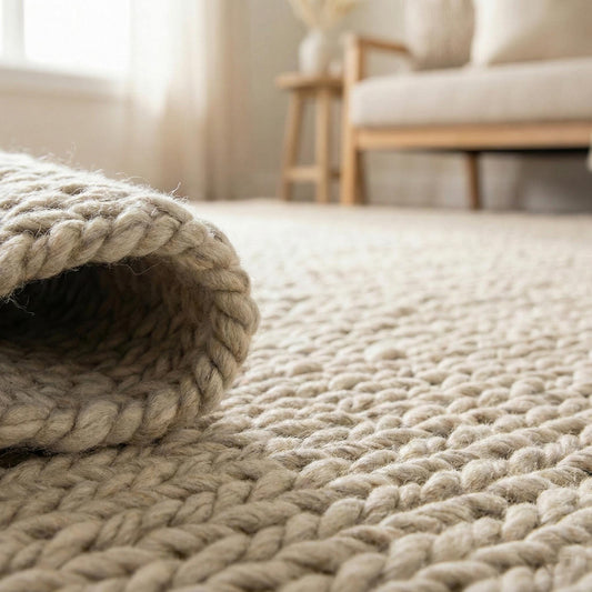 Chunky knit beige braided rug with thick textured wool-look and plush softness for cozy living room decor