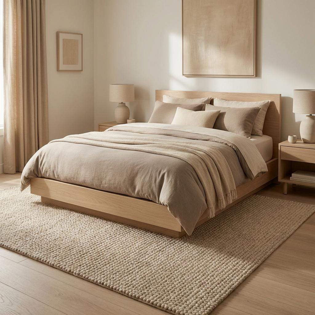 Chunky knit beige braided rug with thick textured wool-look and plush softness for cozy living room decor