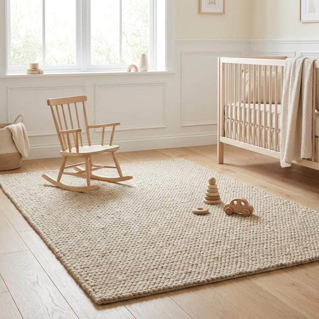 Chunky knit beige braided rug with thick textured wool-look for cozy living room warmth