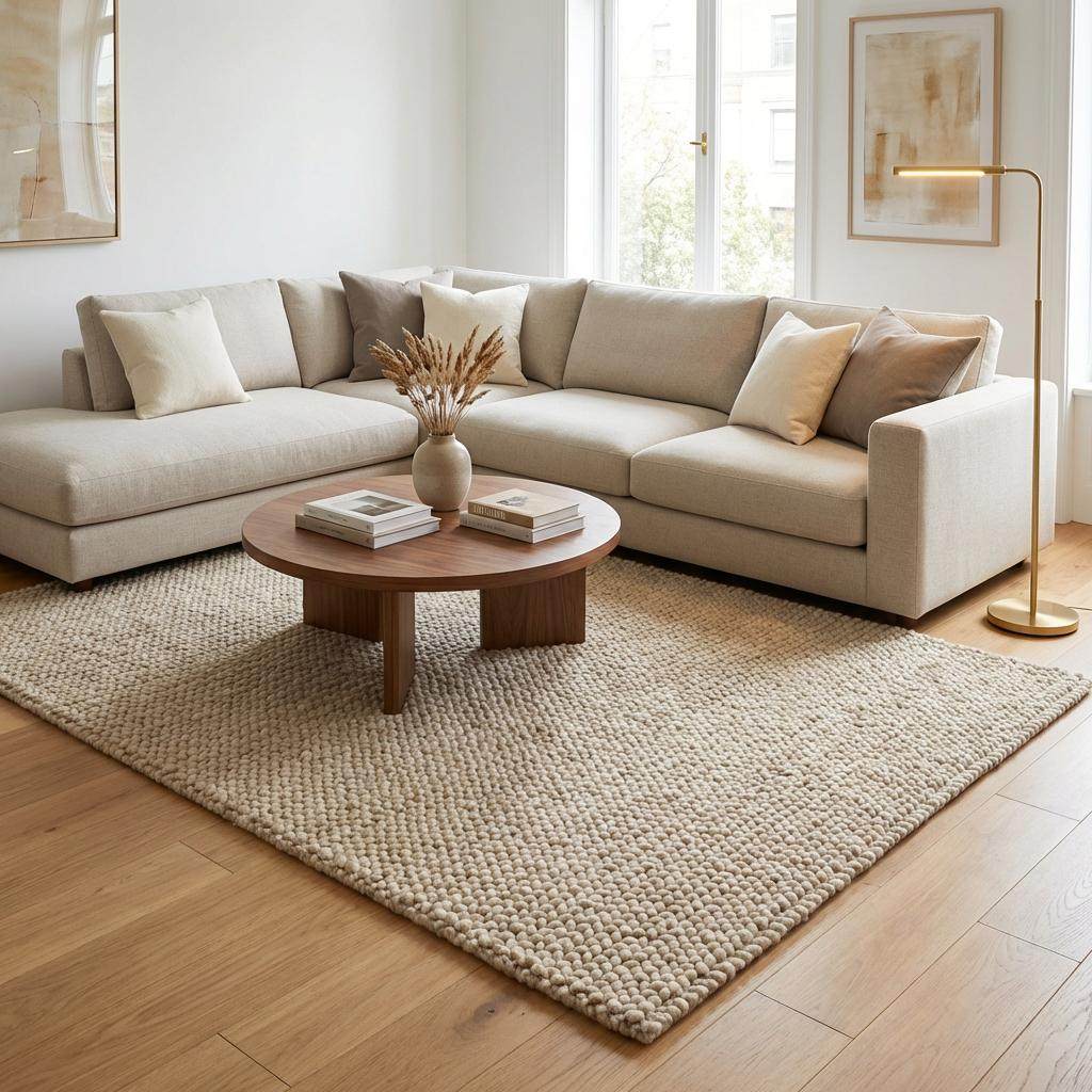 Chunky knit beige braided rug with thick textured wool-look and plush neutral area carpet for cozy living room.