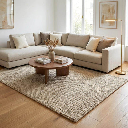 Chunky knit beige braided rug with thick textured wool-look and plush neutral area carpet for cozy living room.