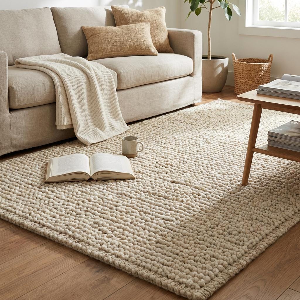 Chunky knit neutral rug with thick oversized yarn loops and plush texture for cozy Scandinavian interiors
