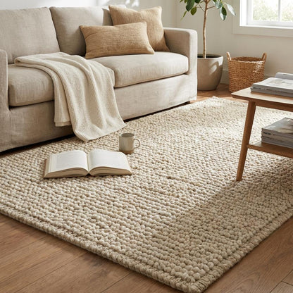 Chunky knit neutral rug with thick oversized yarn loops and plush texture for cozy Scandinavian interiors