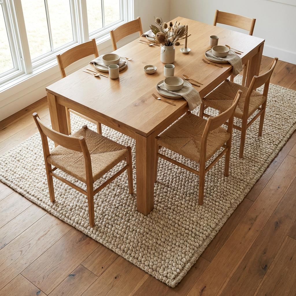 Chunky knit neutral rug with oversized yarn loops and plush texture for cozy Scandinavian interiors
