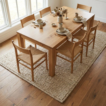 Chunky knit neutral rug with oversized yarn loops and plush texture for cozy Scandinavian interiors