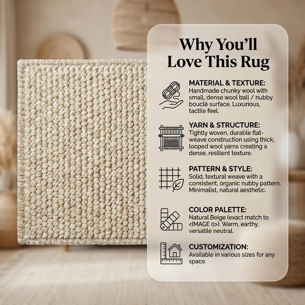 Chunky knit neutral rug with thick oversized yarn loops and soft textured natural fiber look for cozy Scandinavian interiors