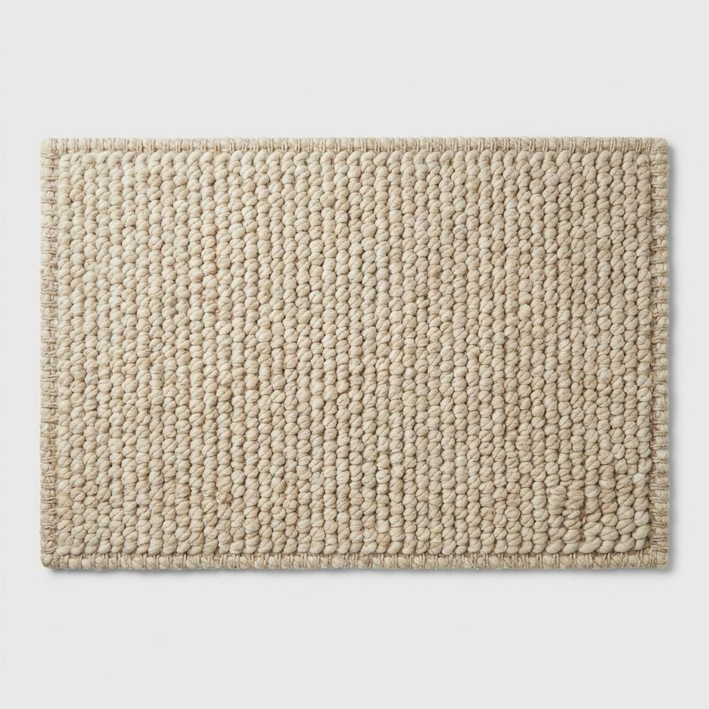 Chunky knit neutral rug with thick textured oversized yarn loops for cozy Scandinavian interiors