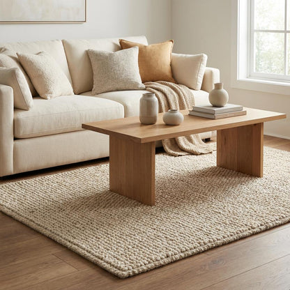 Chunky knit neutral rug with thick oversized yarn loops in warm natural tones for cozy Scandinavian interiors