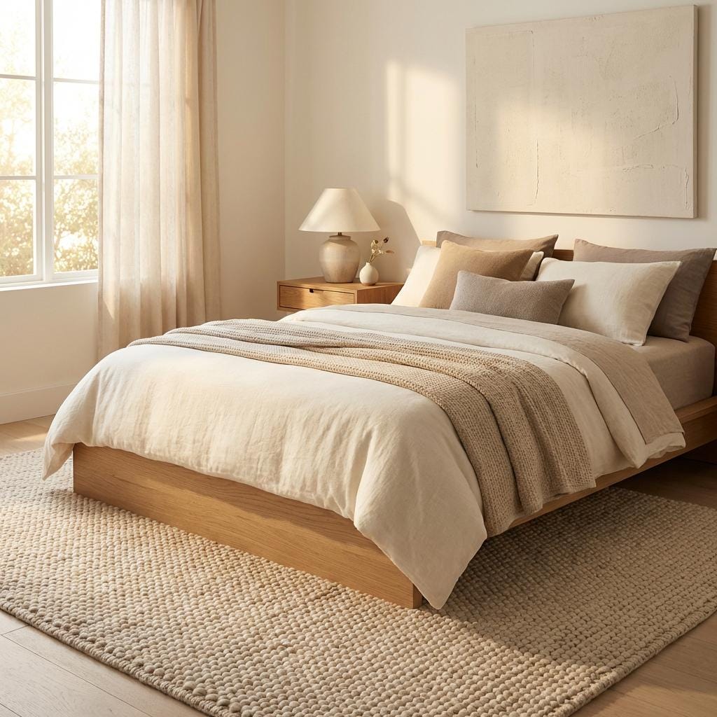 Chunky knit neutral rug with thick textured loops in warm, natural tones for cozy Scandinavian interiors