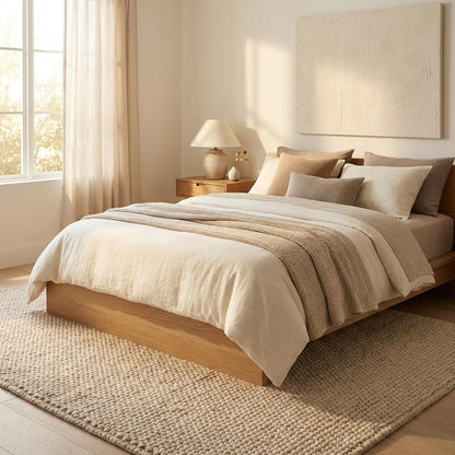 Chunky knit neutral rug with thick textured loops in warm, natural tones for cozy Scandinavian interiors