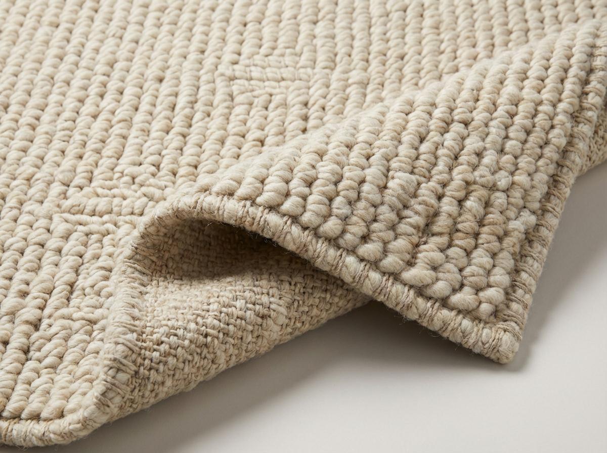 Chunky knit neutral rug with thick oversized yarn loops and soft textured natural fiber look for cozy Scandinavian homes