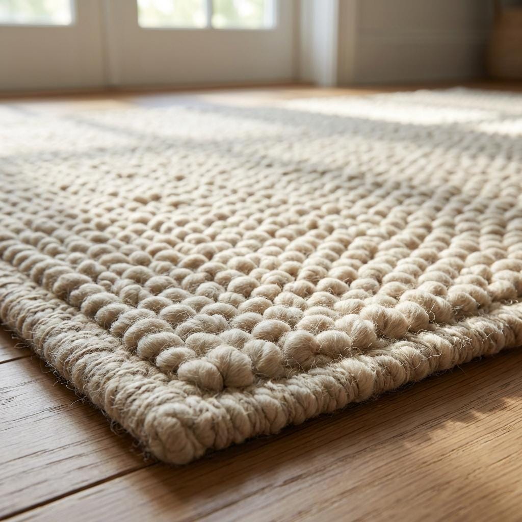 Chunky knit neutral rug with thick textured natural fibers for cozy Scandinavian homes