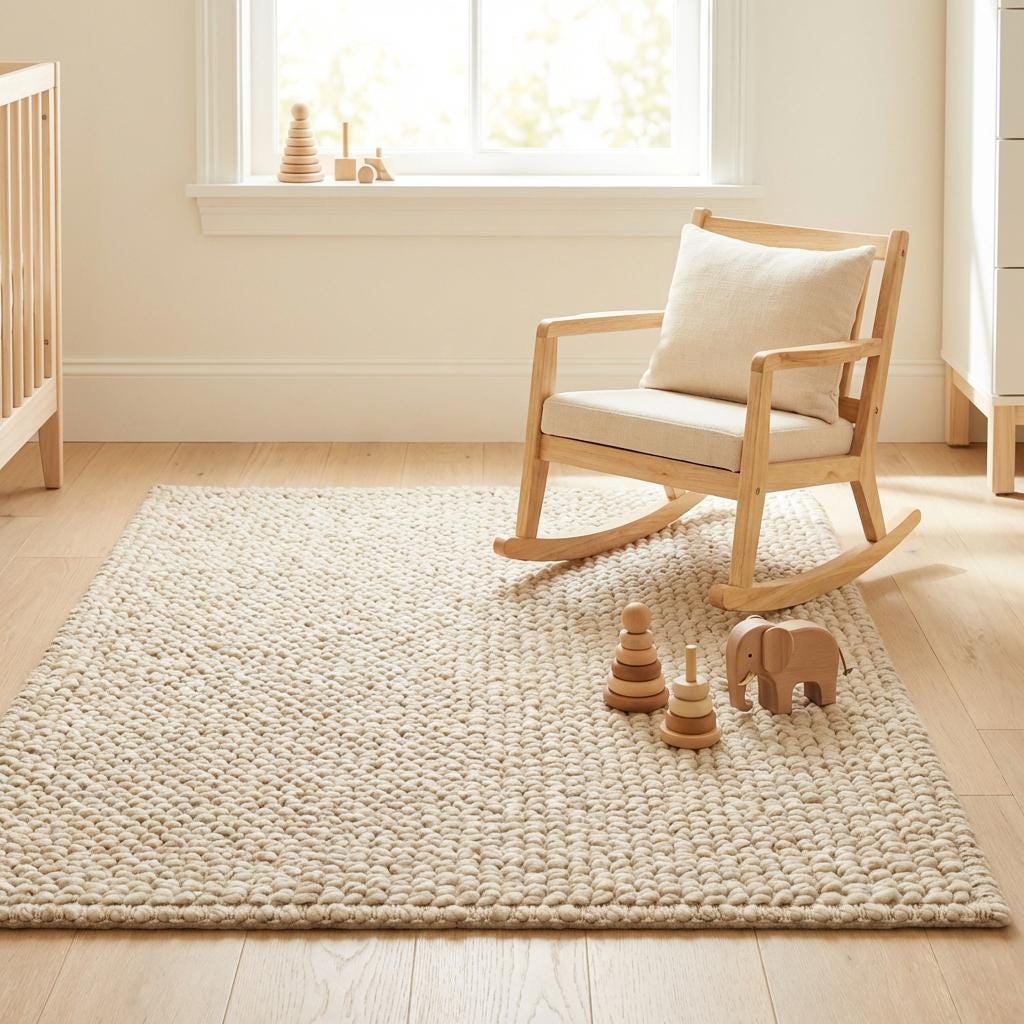 Chunky knit neutral rug with thick oversized yarn loops and warm natural fiber texture for cozy Scandinavian interiors