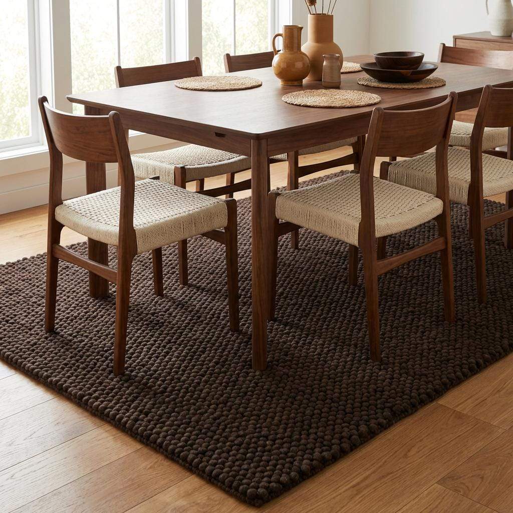 Chunky knit rug in dark brown with thick braided roving texture for cozy modern spaces