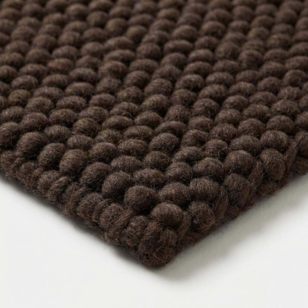 Chunky knit rug in dark brown with thick braided roving texture for cozy modern organic interiors