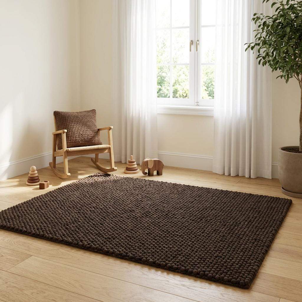 Dark brown chunky knit rug with thick braided roving texture for cozy modern organic interiors