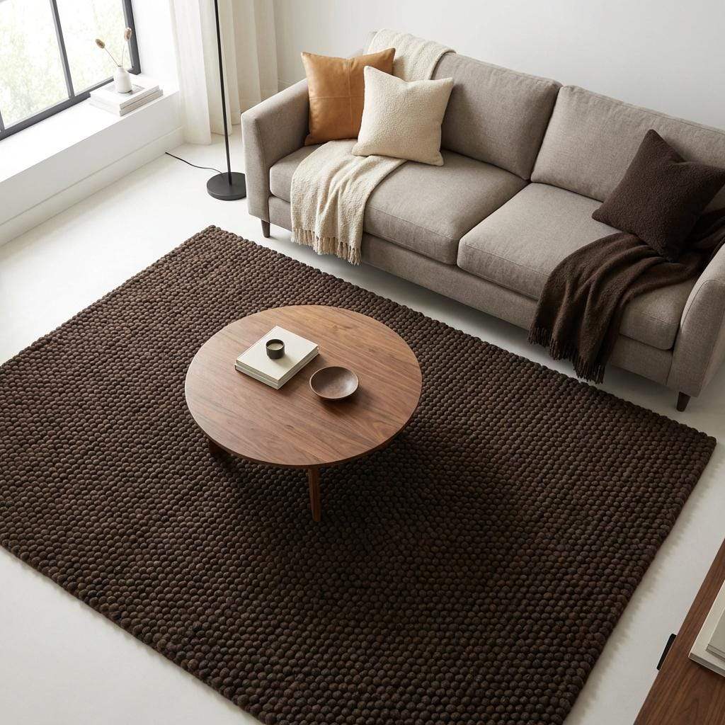 Chunky knit rug in dark brown with thick braided roving texture for cozy modern organic interiors