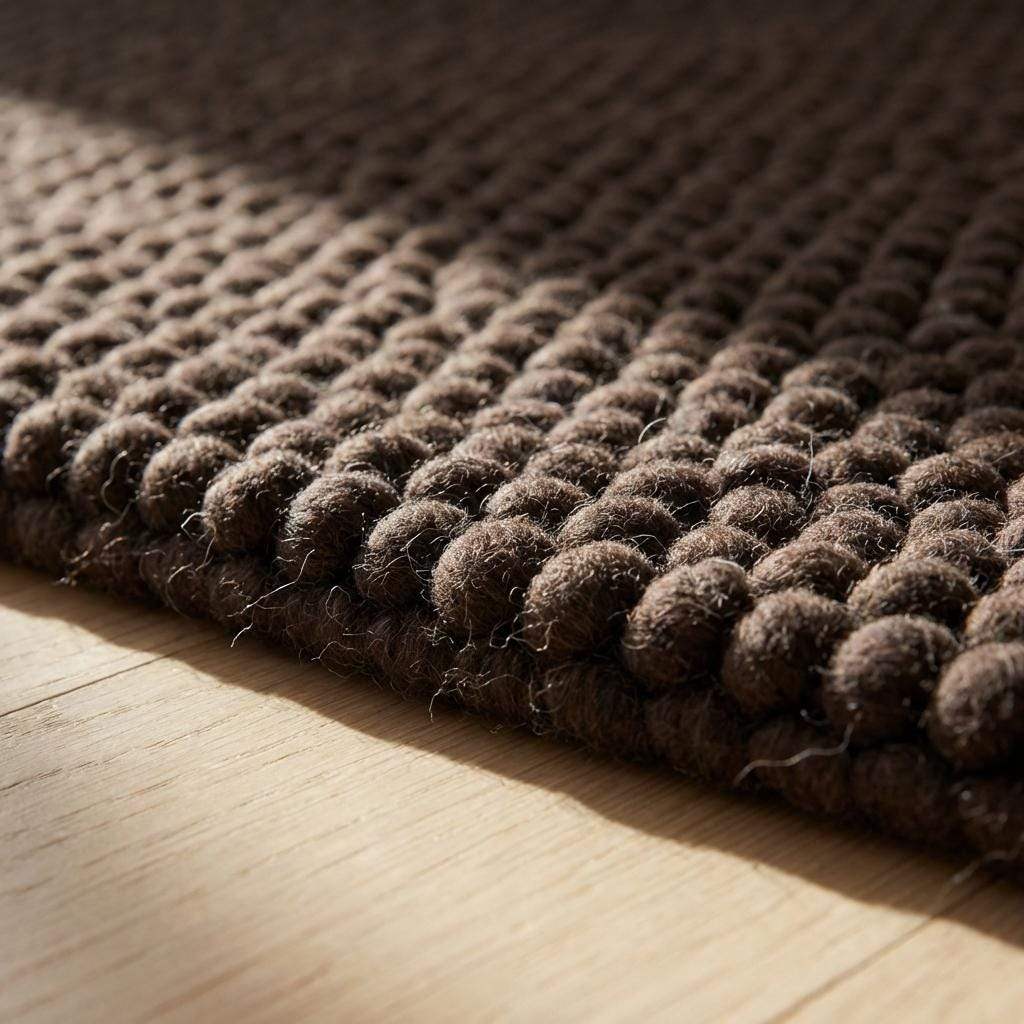 Chunky knit rug in deep dark brown with thick braided roving texture for cozy modern interiors
