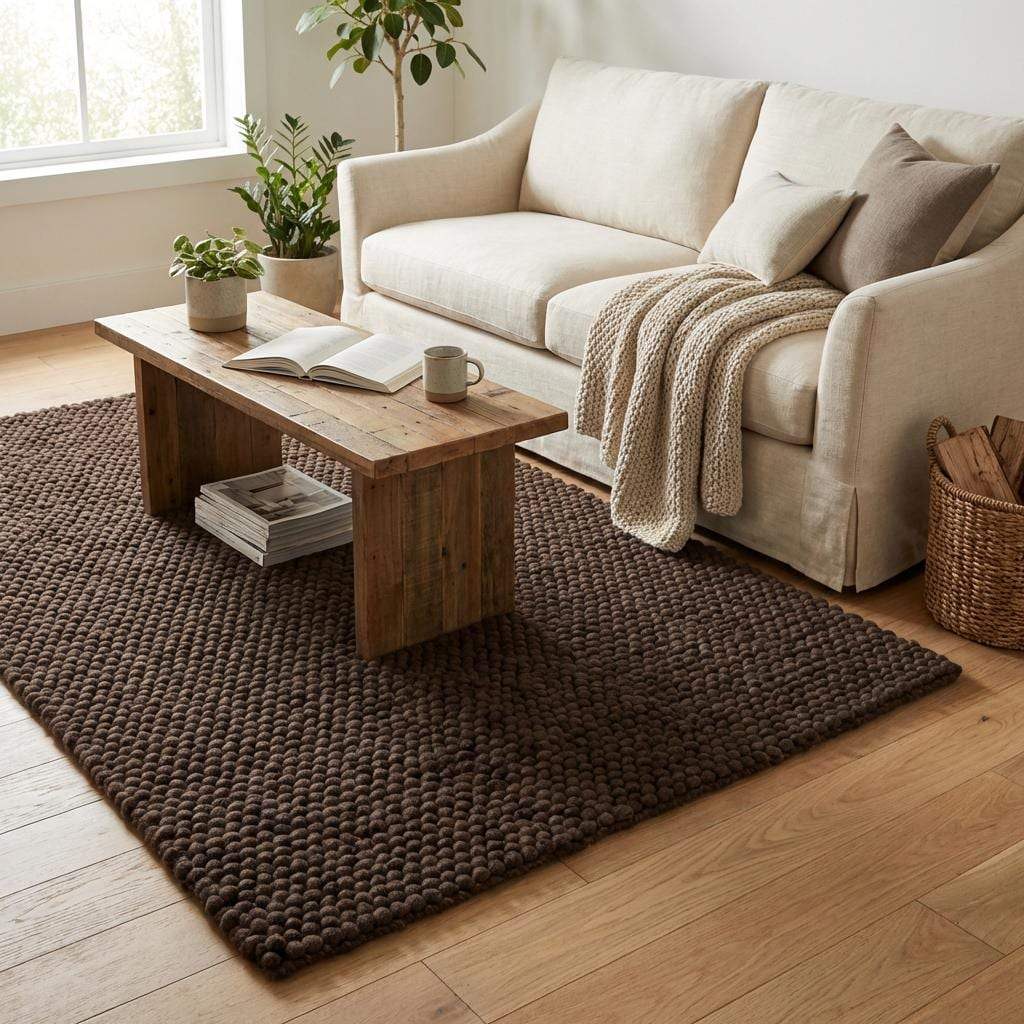 Dark brown chunky knit rug with thick braided roving texture and plush loops for cozy modern organic interiors