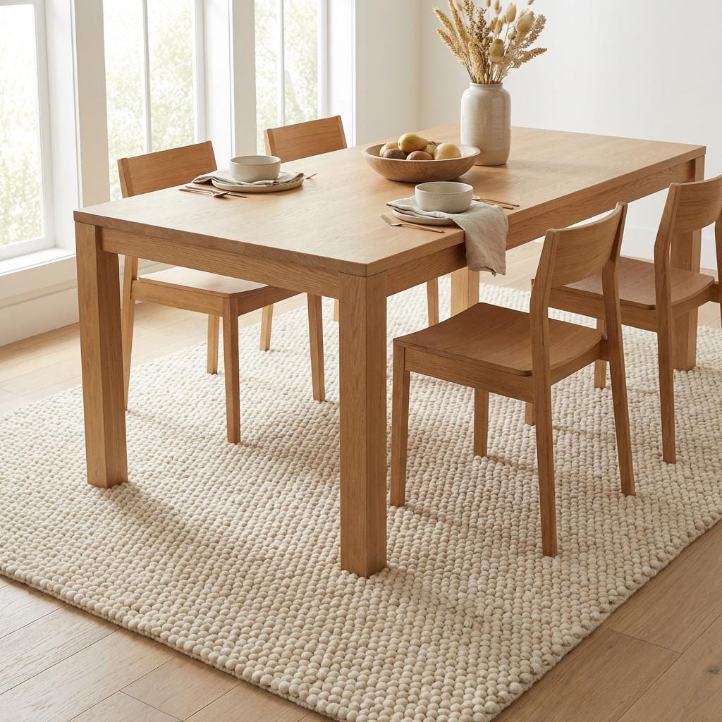 Chunky knit wool rug with thick cream looped texture, soft and cozy floor accent for neutral modern interiors