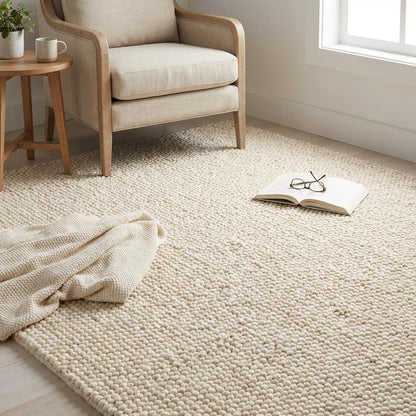 Chunky knit wool rug with thick cream loops and plush texture for cozy neutral home decor