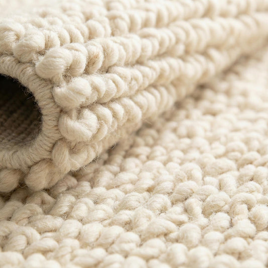 Chunky knit wool rug with thick cream looped texture and plush cozy floor accent