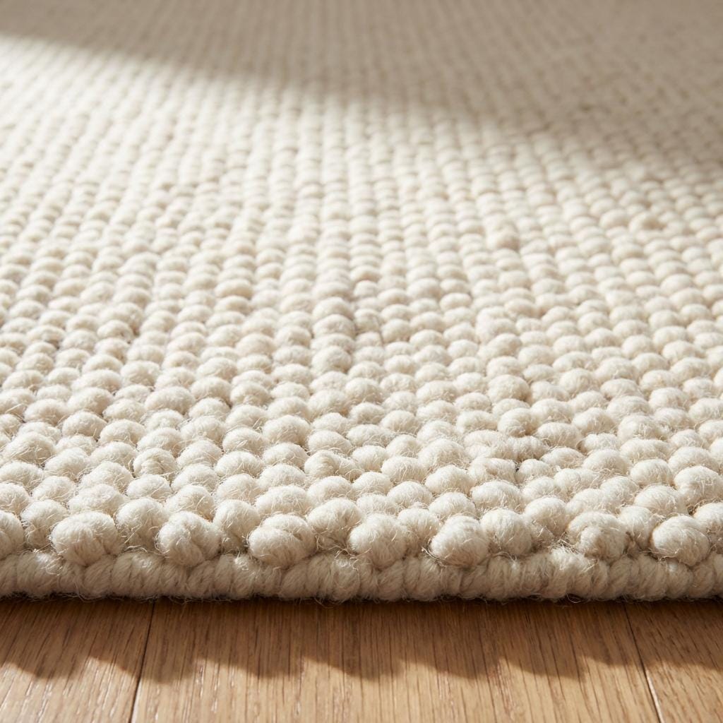 Chunky knit wool rug with thick cream looped texture and cozy neutral floor accent