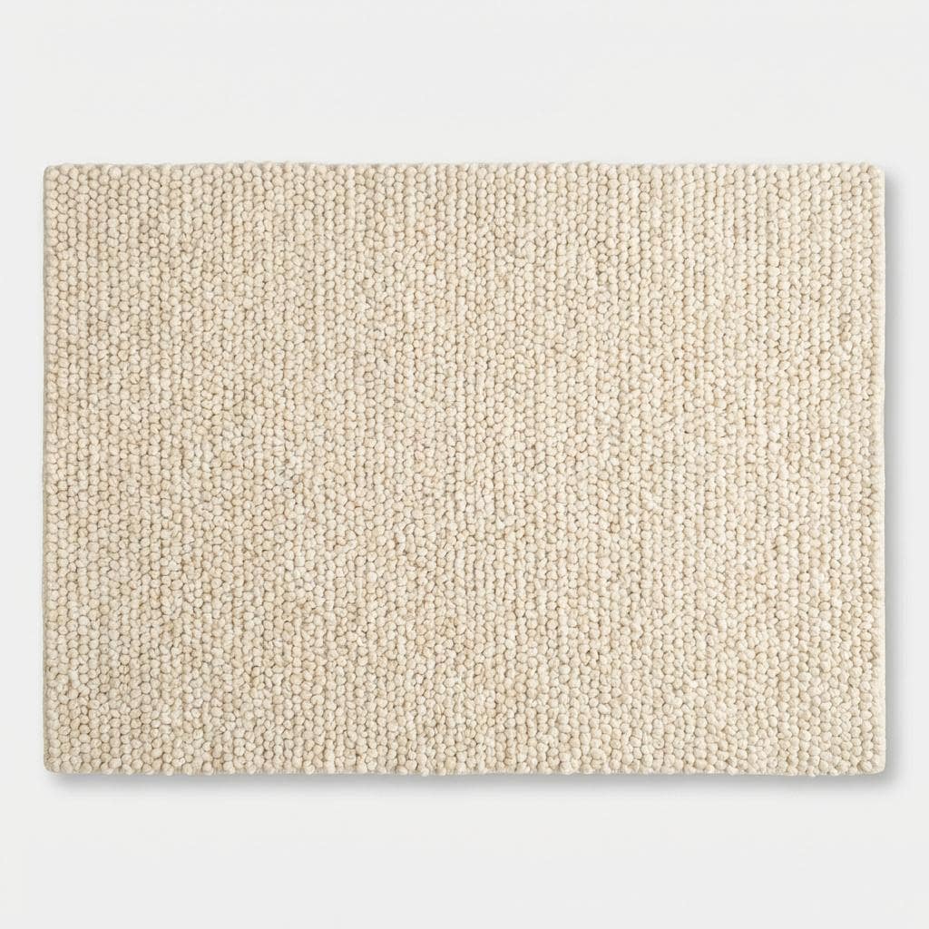 Chunky knit wool rug in cream with thick looped texture and plush soft surface for cozy, neutral floor accent