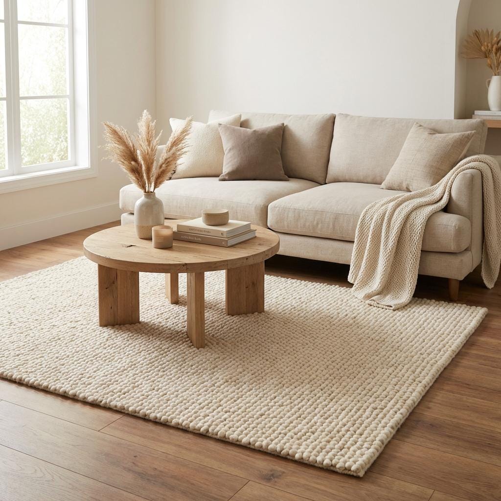 Chunky knit wool rug with thick cream loops and soft textured surface for cozy modern interiors
