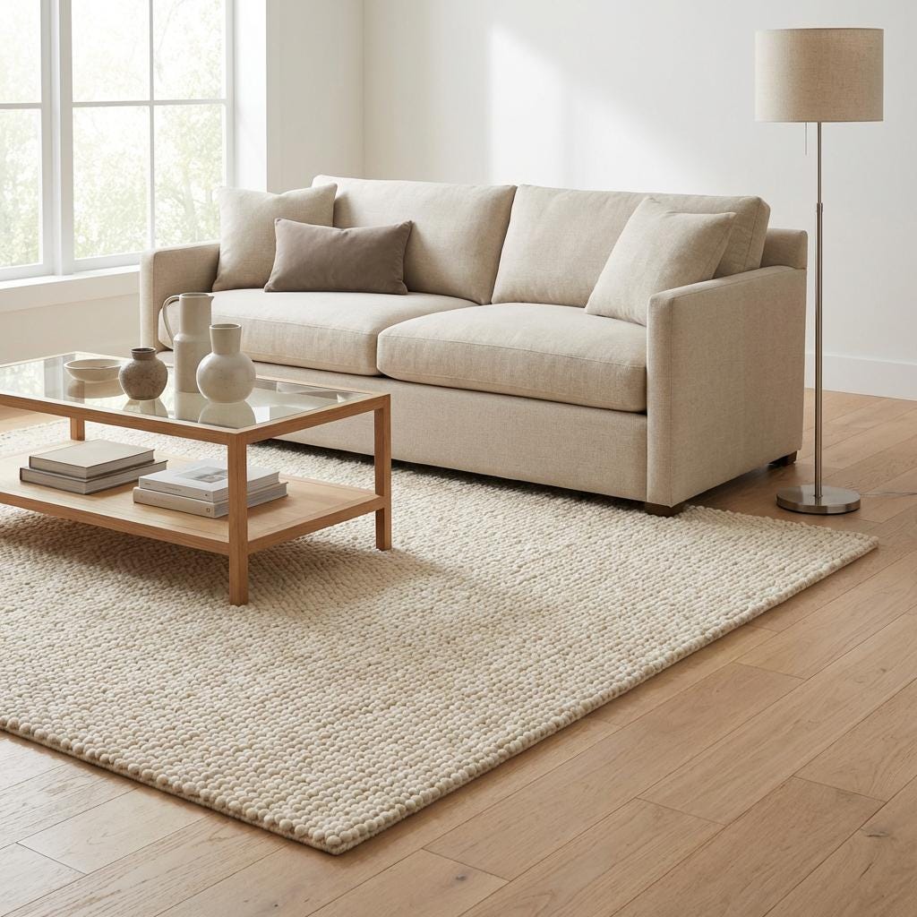 Chunky knit wool rug with thick cream loops and plush texture for cozy, neutral floor decor