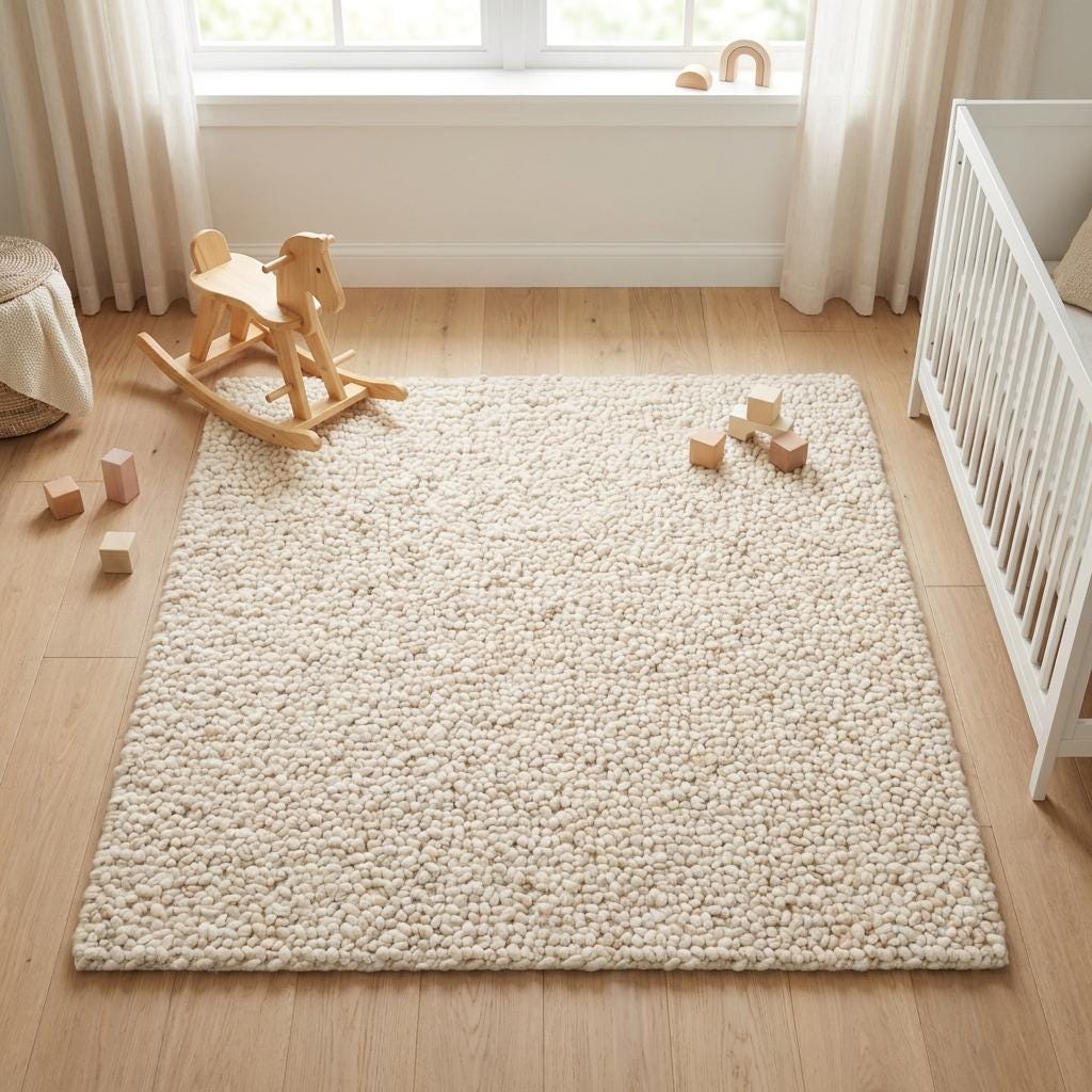Handwoven chunky knit wool rug with thick loops in neutral ivory, soft and cozy textured area carpet for living room or bedroom decor