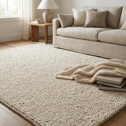 Handwoven chunky knit wool rug in soft ivory with thick loop texture for cozy minimalist living room decor