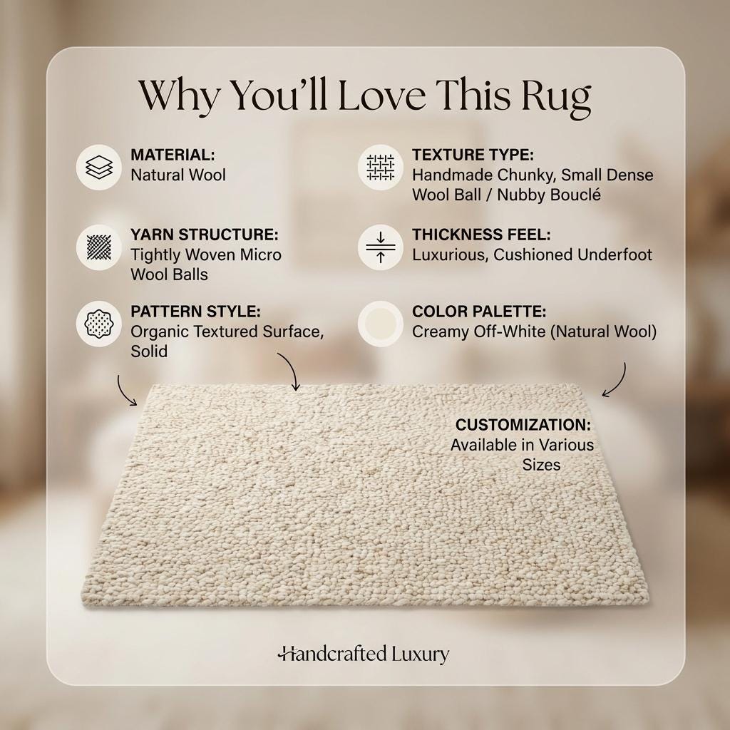 Handwoven chunky knit wool rug in ivory with thick soft loops, perfect cozy minimalist living room decor