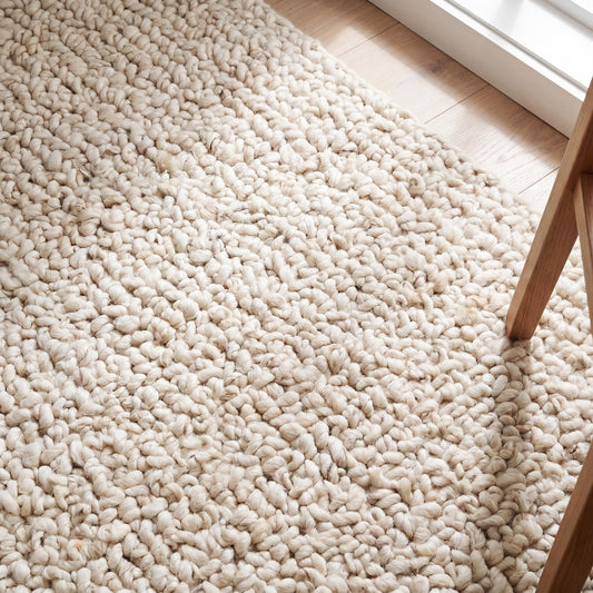 Handwoven chunky knit wool rug in ivory with thick loops, soft texture, and minimalist boho style for cozy living rooms