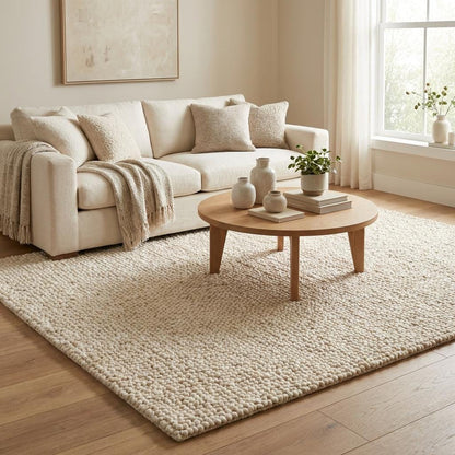 Handwoven chunky knit wool rug in ivory with thick soft loops for cozy minimalist living room decor