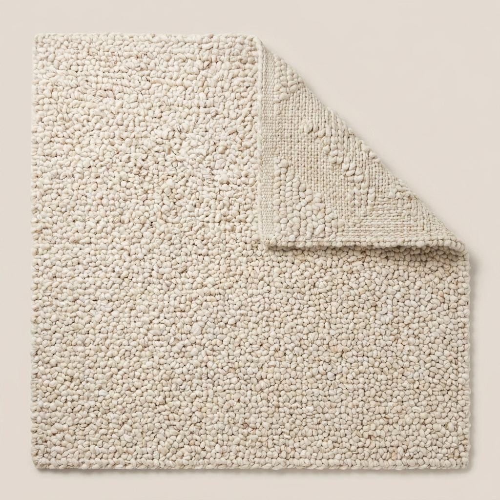 Handwoven chunky knit wool rug in ivory with thick loop texture for cozy, minimalist living room decor