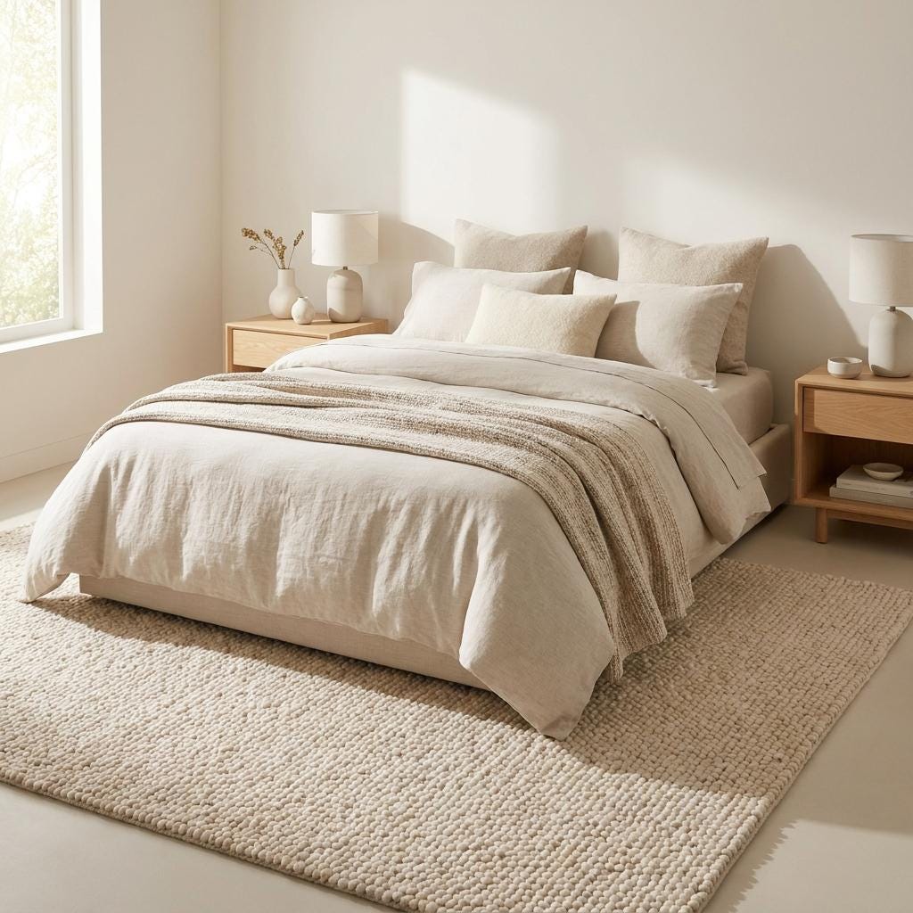 Handwoven chunky knit wool rug in ivory with thick soft loops, perfect for cozy minimalist living rooms